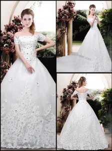 Perfect Off the Shoulder Appliques Wedding Dresses with Cap Sleeves