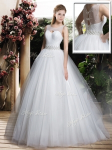 Simple A Line Scoop Wedding Dresses with Beading and Belt