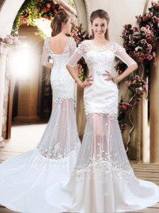 Exquisite Column Scoop Brush Train Appliques Wedding Dresses with Half Sleeves