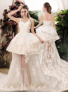 Latest Appliques Straps Wedding Dresses with Brush Train