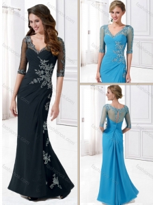 Column V Neck Half Sleeves Mother of The Bride Dress with Appliques