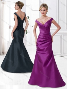 Customized V Neck Cap Sleeves Satin Ruched Mother of The Groom Dress