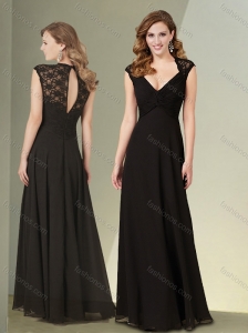 Empire V Neck Cap Sleeves Black Mother of The Groom Dress