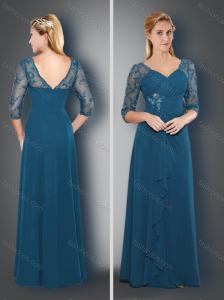 Simple V Neck Half Sleeves Teal Mother of The Bride Dress with Appliques