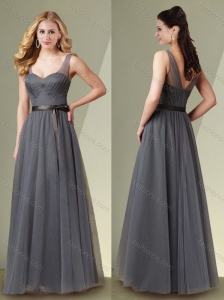 Beautiful Column V Neck Grey Mother of The Groom Dress with Ribbons