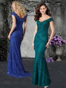 Column Off the Shoulder Cap Sleeves Lace Mother of The Groom Dress with Brush Train