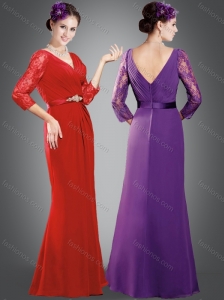 Customized V Neck 3/4 Sleeves Mother of The Groom Dress with Lace and Belt