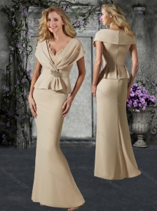 Elegant V Neck Champagne Mother of The Bride Dress with Lace