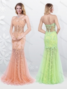 2016 Elegant Mermaid Sweetheart Brush Train Prom Dresses with Lace