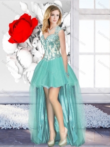 2016 Aqua Blue High Low Cheap Beautiful Prom Dresses with Appliques