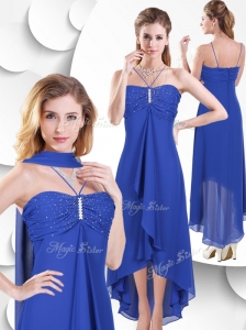 2016 Simple Spaghetti Straps High Low Blue Beautiful Prom Dresses with Beading