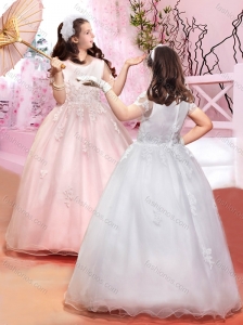Cheap Scoop Applique with Beading Flower Girl Dress with Short Sleeves