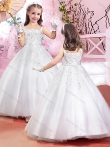 Lovely Square Beaded and Belted Flower Girl Dress in Tulle