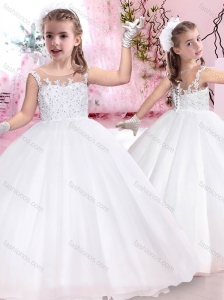 Pretty See Through Scoop Flower Girl Dress with Appliques and Beading