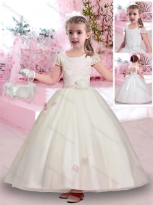 Latest Scoop Short Sleeves Belted Flower Girl Dress in Lace and Tulle