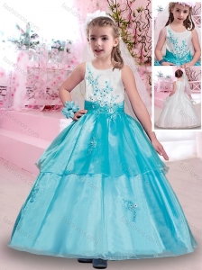 Popular Scoop Applique Flower Girl Dress in Aqua Blue and White