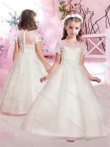 Cheap A Line Scoop Applique and Beaded Flower Girl Dress with Short Sleeves
