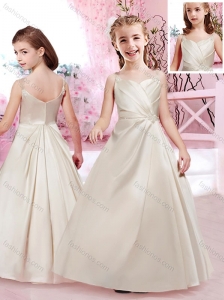 Pretty A Line Taffeta Straps Beaded Flower Girl Dress with Straps
