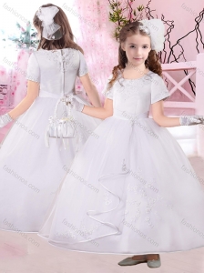 Fashionable Ankle Length Applique Flower Girl Dress with Short Sleeves