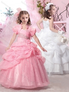 Latest Straps Ball Gown Flower Girl Dress with Beading and Pick Ups