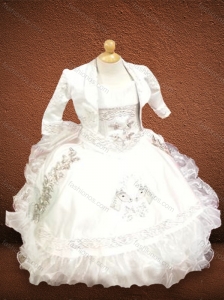 Classical Strapless White Little Girl Pageant Dress with Embroidery and Ruffles