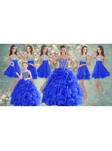 Big Puffy Beaded Blue Quinceanera Dress and Sequined Short  Dama Dresses Ruffled Mini Quinceanera Dress