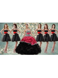 Pretty Zebra Ruffled Red and Black Quinceanera Dress and Beaded Short Dama Dresses