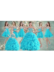 Visible Boning Aqua Blue Quinceanera Dress and Sequined Short  Dama Dresses Beaded and Ruffled Mini Quinceanera Dress