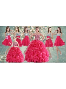Visible Boning Coral Red Quinceanera Dress and Short Sequined Dama Dresses and Beaded and Ruffled Mini Quinceanera Dress