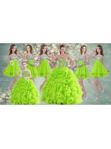 Visible Boning Yellow Green Quinceanera Gown and Sequined Short  Dama Dresses and Beaded and Ruffled Mini Quinceanera Dress