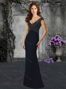 Column V Neck Beaded Black Mother of  The Bride Dress