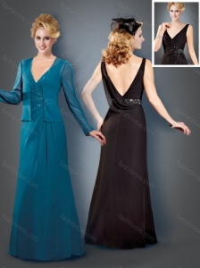 Column V Neck Backless Teal Mother of The Bride Dress with Beading