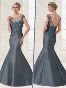 Satin Beaded and Applique Evening Dress with Brush Train