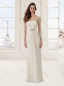Column Scoop Beaded White Evening Dress with Long Sleeves