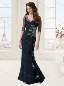 Column V Neck Applique Black Evening Dress with Half Sleeves