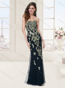 Custom Designed Strapless Applique Black Evening Dress with Brush Train
