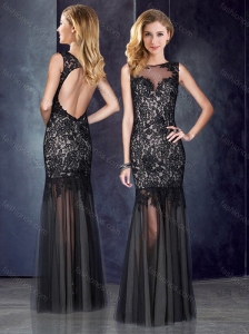 Custom Fit Column Bateau Laced Backless Black Prom Dress