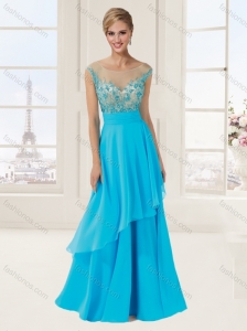 Empire Scoop Cap Sleeves Baby Blue Evening Dress with Beading and Appliques