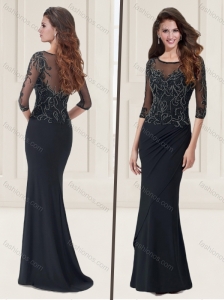 See Through Applique and Beaded Black Evening Dress with Half Sleeves
