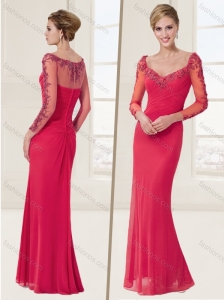 See Through Applique Coral Red Evening Dress with Long Sleeves