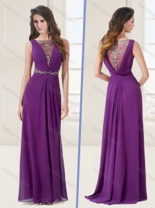 See Through Bateau Eggplant Brush Train Purple Evening Dress with Appliques