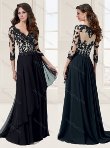 See Through Bodice Column V Neck 3/4-length Sleeves Applique Evening Dress in Black
