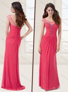 See Through Scoop Beaded Coral Red Evening Dress with Cap Sleeves