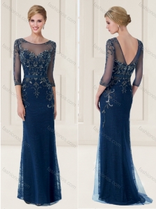 See Through Scoop Lace Applique and Beaded Teal Evening Dress with 3/4-length Sleeves