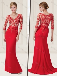 See Through V Neck Lace Red Evening Dress with Appliques