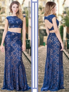 Two Piece Bateau Backless Royal Blue Prom Dress in Lace