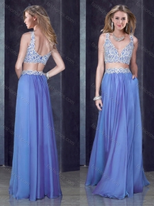 Two Piece Column Straps Applique Prom Dress in Chiffon