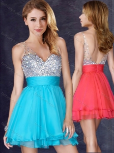 Beautiful A Line V Neck Sequined Aqua Blue Short Bridesmaid Dress