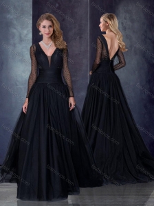 Beautiful Deep V Neckline See Through Black Bridesmaid Dress with Brush Train