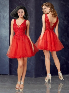 Beautiful Deep V Neckline Tulle Red Prom Dress with Lace